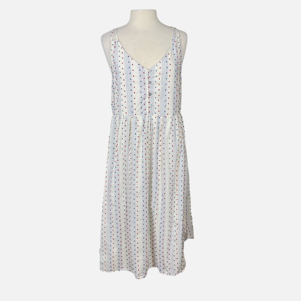 Ann Taylor LOFT Swiss Dot Blue Striped Strappy Midi Dress Button Loop Bodice 10